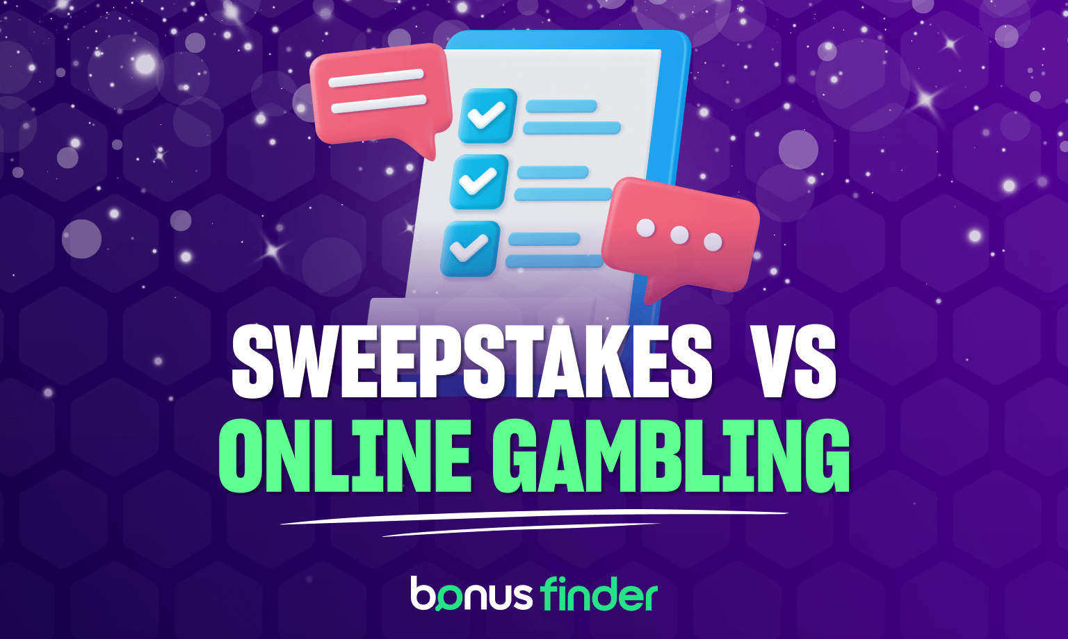 Purple image with checklist and dice graphics showing Sweepstakes vs Online Gambling comparison with BonusFinder logo