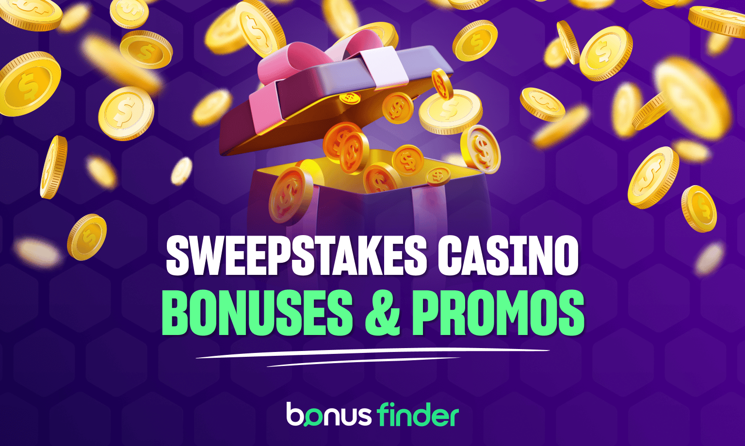 Purple image with treasure chest and gold coins showing Sweepstakes Casino Bonuses & Promos with BonusFinder logo